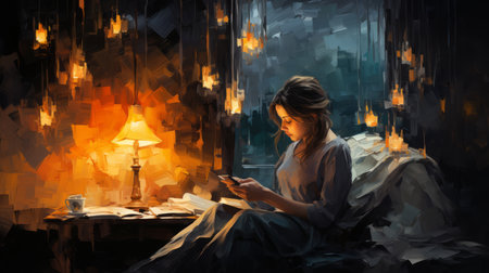 Young woman reading a book in a dark room. Digital painting.の素材