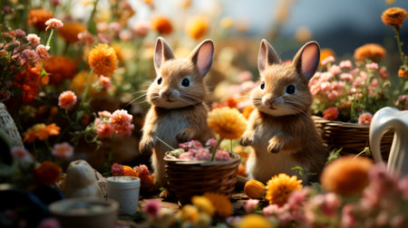 Easter bunnies with basket of flowers in the meadowの素材