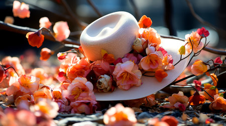 Hat and flowers on the grave in the cemetery, close-upの素材