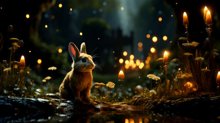 Rabbit in a dark forest at night with lighted candles.の素材