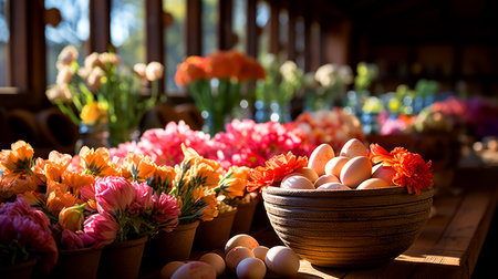 Easter eggs in a wooden bowl and flowers in the background.の素材