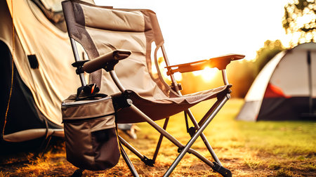 Camping chair and camping tent at sunset. Vacation concept.の素材