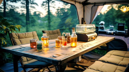 Camping in the mountains. Camping equipment on the table.の素材