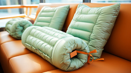 Comfortable sofa with pillows in a cafe, close-up.の素材