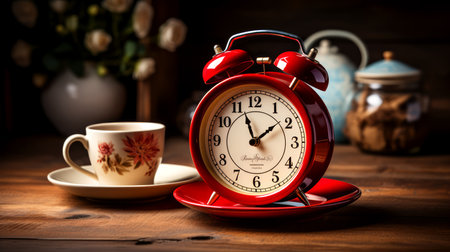 Vintage alarm clock and cup of coffee on wooden table background.の素材