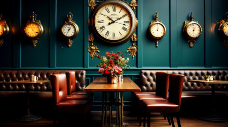 Vintage interior of a restaurant with clock and chairs.の素材