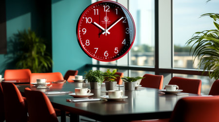 Clock on the table in a meeting room.の素材
