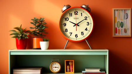 Bookshelf with alarm clock and plant in pot on orange wall background.の素材