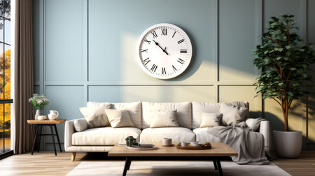 Modern living room with wall clock.の素材
