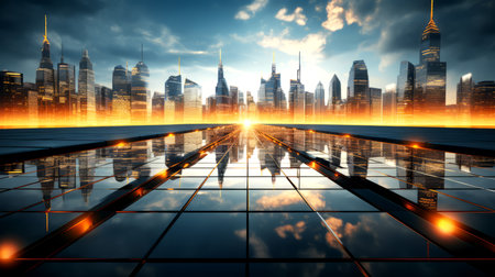 Futuristic city in the light of the setting sun.の素材