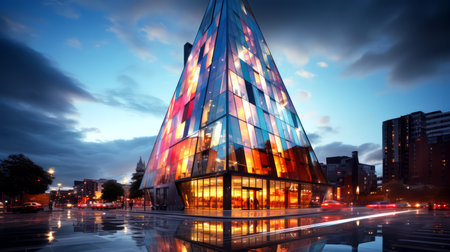 Modern office building in the city at night. Business architecture concept.の素材