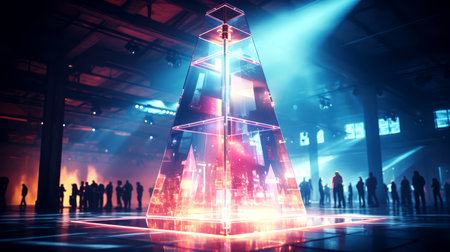 Silhouette of a group of people in front of a glowing pyramid.の素材