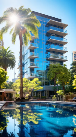 Reflection of palm trees in swimming pool with modern building in backgroundの素材