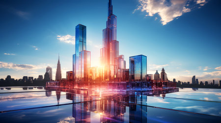 Skyline and modern skyscrapers at sunset in the cityの素材