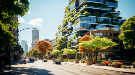 Modern apartment building with green trees and sky.の素材