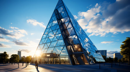 Modern glass building in the city at sunset, wide angle view.の素材