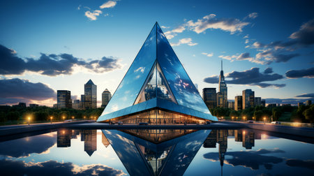 Futuristic building with reflection on the water at night in the cityの素材
