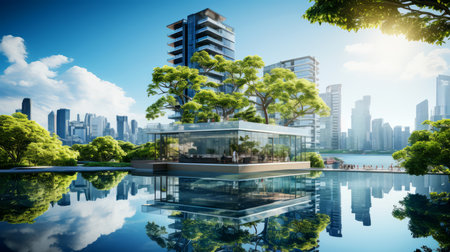 Modern office building with trees and reflection in the water.の素材