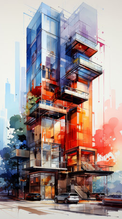 Abstract modern buildings in the city on a sunny day, digital painting.の素材