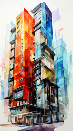 Abstract colorful modern architecture in the city on watercolor illustration painting background.の素材