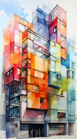 Abstract watercolor illustration of a multi-Storey residential building.の素材