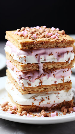 Delicious cake with whipped cream on plate on table, closeup.の素材
