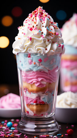 Colorful cupcake with whipped cream and sprinkles in a glass.の素材