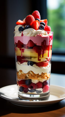 Tiramisu with fresh berries in a glass on the table.の素材