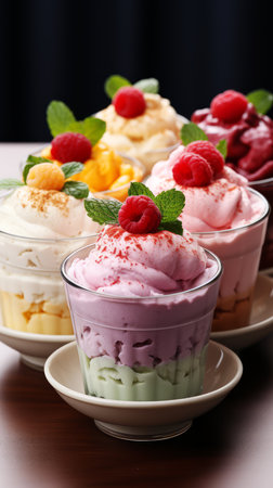 Delicious ice cream with fresh raspberries and mango on the table.の素材