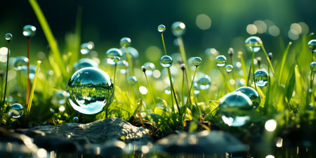 Water drops on green grass, close-up. Natural background.の素材
