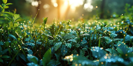 Green grass with dew drops in the morning. Natural background.の素材