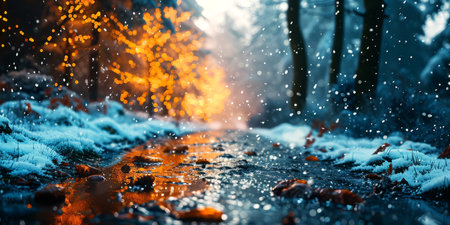 Winter road in the forest with snowfall. Blurred background.の素材