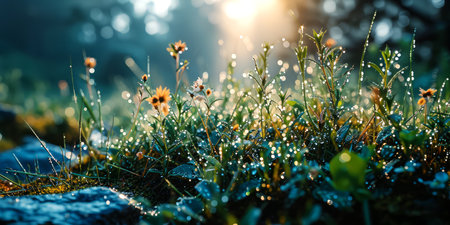 Morning dew on the grass and flowers in the rays of the sun.の素材