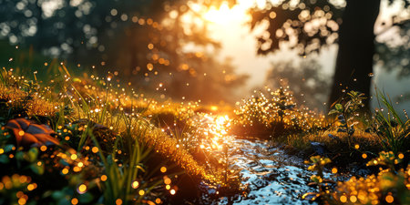 Sunset in the forest with sun rays and bokeh.の素材