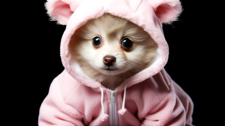 Cute chihuahua dog in pink hoodie on black background.の素材