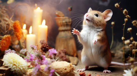 Hamster with burning candles on the background of dried flowers and cookiesの素材