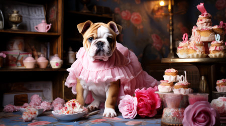Cute English bulldog in a pink dress sitting on the table with cakes.の素材