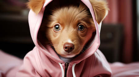 Cute little dog in hoodie on bed at home.の素材