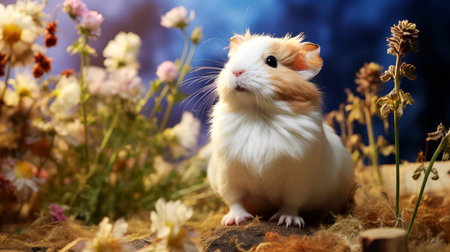 Hamster on a background of wildflowers. Hamster with flowers.の素材