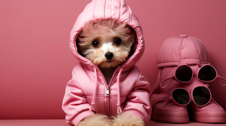 Cute little dog in pink hoodie on a pink background.の素材