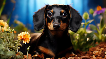 Dachshund puppy with flowers in the garden on a blue background.の素材