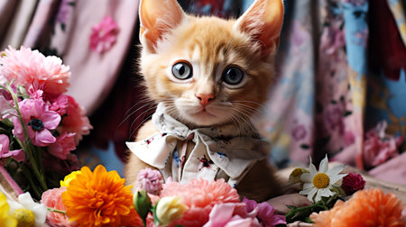 Cute little kitten with bouquet of flowers, close-up.の素材