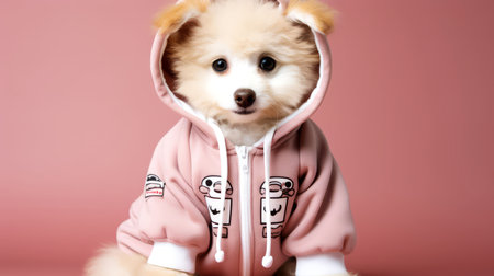 Cute Pomeranian puppy in hoodie on pink background.の素材