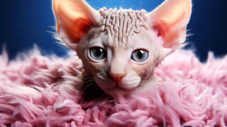 Portrait of a Sphynx cat on a pink fur background.の素材