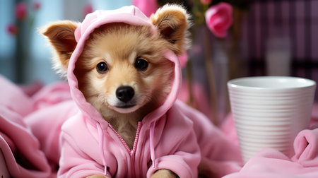 Cute puppy in a pink raincoat on the bed at home.の素材