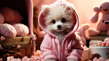 Cute little Pomeranian puppy in a pink hoodie on the background of toys.の素材