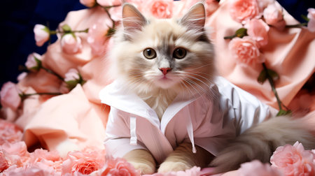 Cat in a pink shirt on a background of flowers.の素材