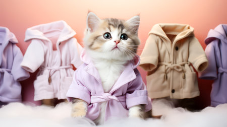 Cute kitten in dressing gown with baby clothes on color wall background.の素材
