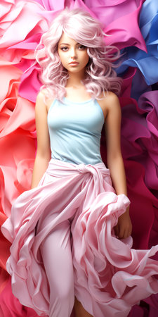 Fashion studio portrait of beautiful young woman with pink hair and elegant dress.の素材