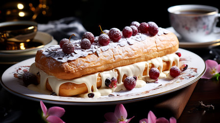 Eclairs with cream and fresh berries on a dark background.の素材